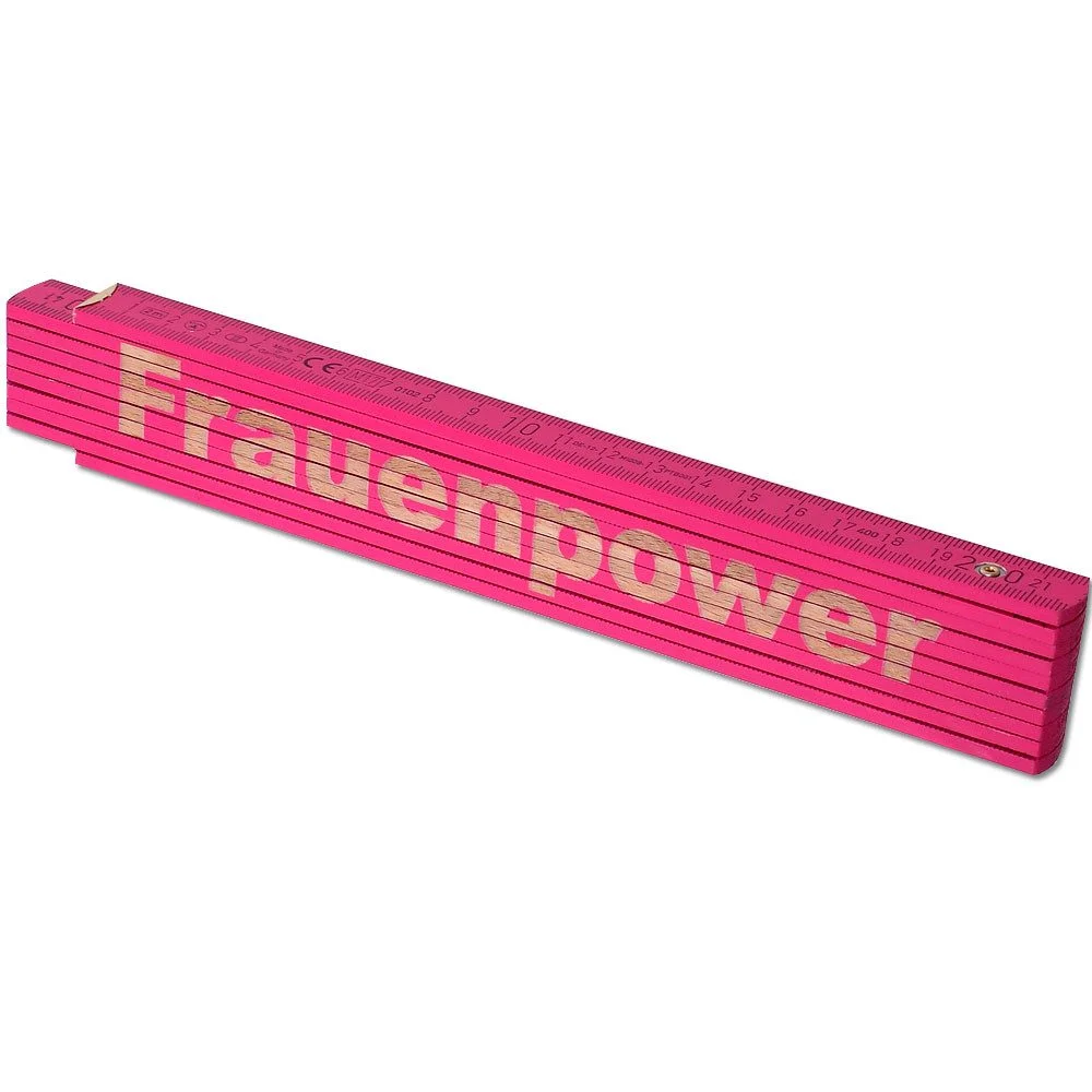 Zollstock 2 m – Pink, Holz, Lasergravur „Frauenpower“, 90° Rasterung & Winkelmesser